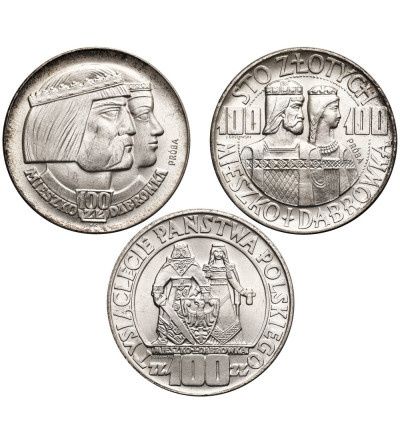 Polska, PRL (1952-1989). Srebrny Menniczy Zestaw Milenijny Mieszko i Dąbrówka - 3 sztuki, w tym 2 próby