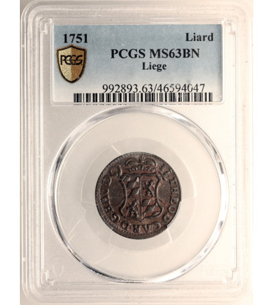 Belgia. Liege (Luik / Lüttich), biskupstwo / księstwo. Jean-Theodore de Baviere, 1744-1763. Liard (Oord) 1751 - PCGS MS 63 BN