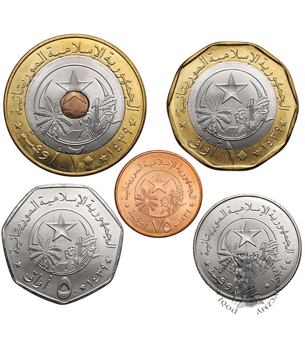 Mauretania. Zestaw monet AH 1339 / 2017 AD, 5 sztuk, 1/5, 1, 5, 10 i 20 Ouguiya 2017