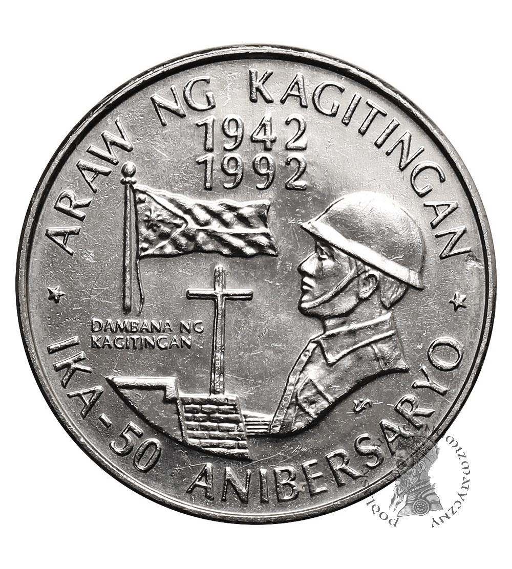 Philippines. 1 Piso 1992, 50th Anniversary of the Battle of Bataan
