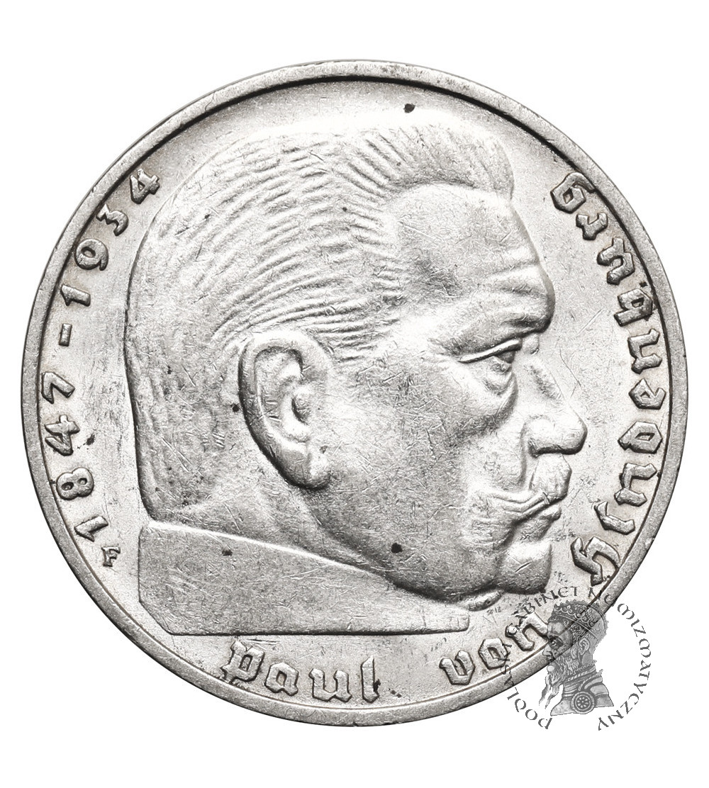 Germany, Third Reich (1933–1945). 2 Mark 1939 F, Stuttgart, Paul von Hindenburg