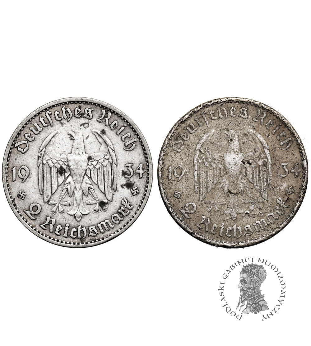 Niemcy, III Rzesza (1933-1945). Zestaw 2 x 2 marki 1934 A, E, Berlin / Muldenhutten - kościół garnizonowy w Poczdamie