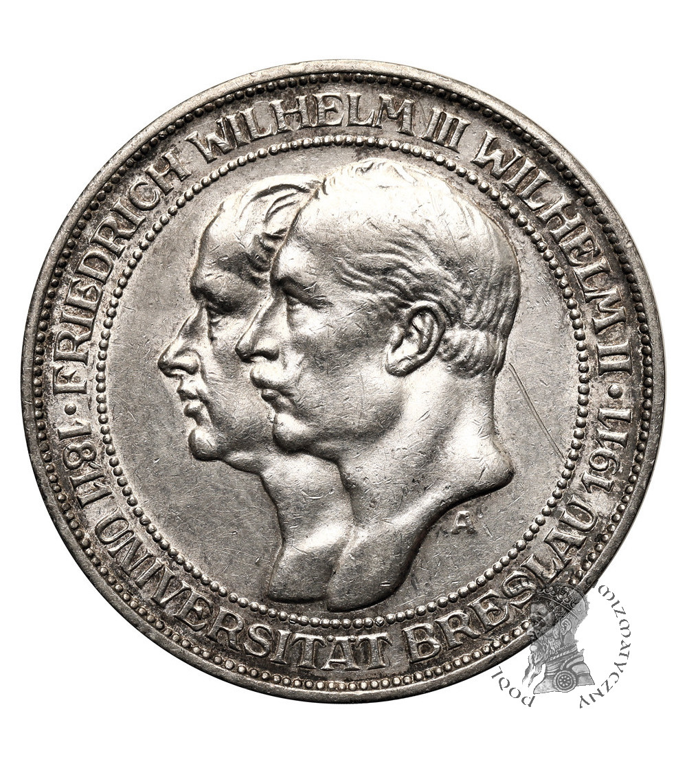Germany, Prussia (Preussen), William II (1888-1918). 3 Mark 1911 A, 100th Anniversary of the University of Breslau