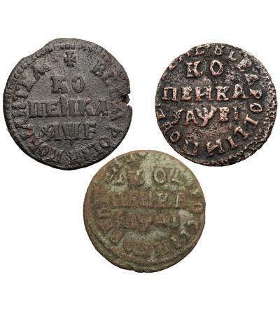 Russia, Peter I The Great 1699-1725. Set 3 x 1 Kopek 1705 MД, 1711 KД, 1715 KД, Moscow Mint
