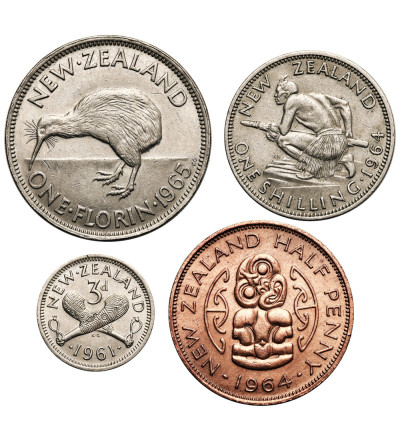 Nowa Zelandia, Elżbieta II (1952-2022). Zestaw 4 monet: 3 pence 1961, 1 shilling 1964, 1/2 penny 1964 i 1 florin 1965