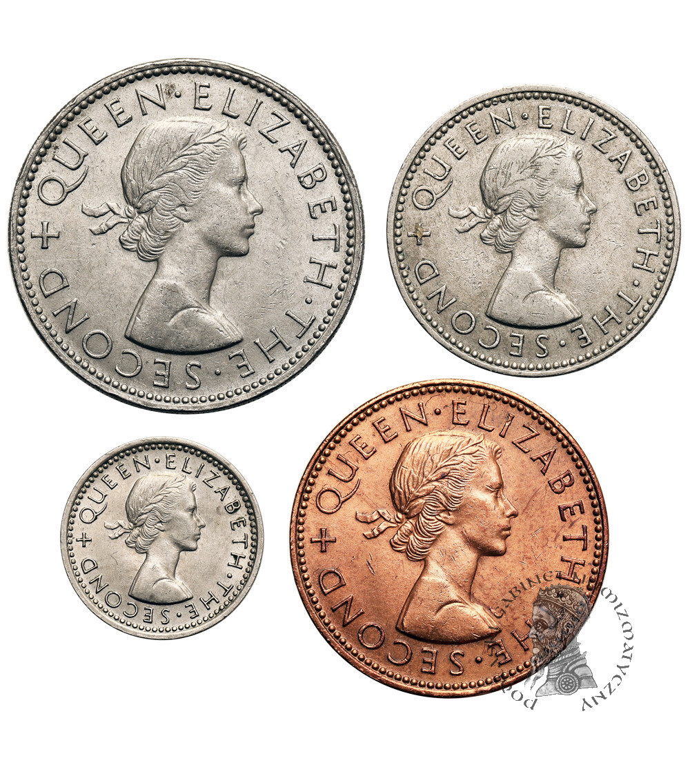 Nowa Zelandia, Elżbieta II (1952-2022). Zestaw 4 monet: 3 pence 1961, 1 shilling 1964, 1/2 penny 1964 i 1 florin 1965