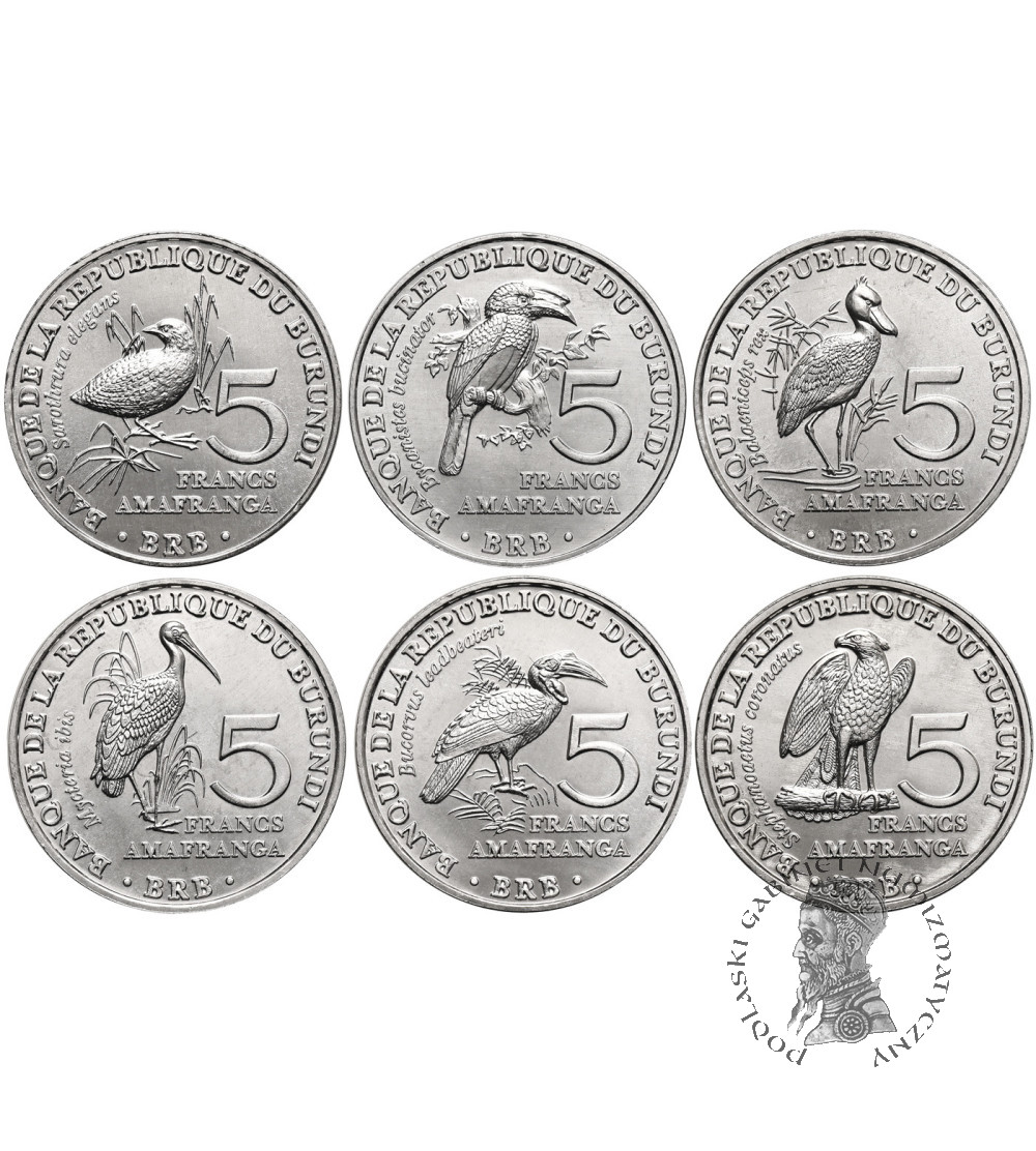 Burundi. Zestaw 6 x 5 franków 2014, Ptaki Afryki