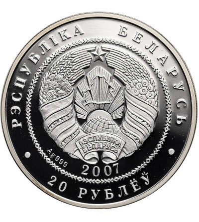 Białoruś. 20 rubli 2007, Wilki, seria: Ochrona Środowiska - Proof - 1 Oz .999