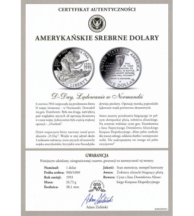 USA. 1 dolar 1995 W, West Point, D-Day, 50 rocznica zakończenia II Wojny Światowej - Proof