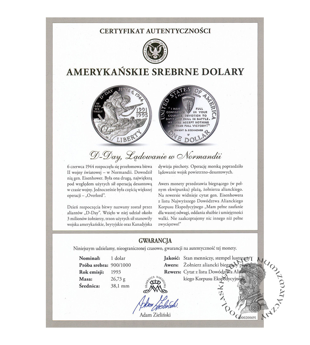 USA. 1 dolar 1995 W, West Point, D-Day, 50 rocznica zakończenia II Wojny Światowej - Proof