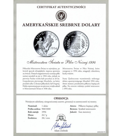 USA. 1 dolar 1994 S, San Francisco, Mistrzostwa Świata w Piłce Nożnej - Proof