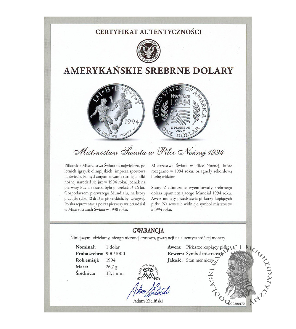 USA. 1 dolar 1994 S, San Francisco, Mistrzostwa Świata w Piłce Nożnej - Proof