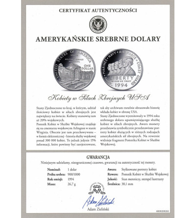 USA. 1 dolar 1994 P, Filadelfia, Kobiety w Służbie Wojskowej - Proof