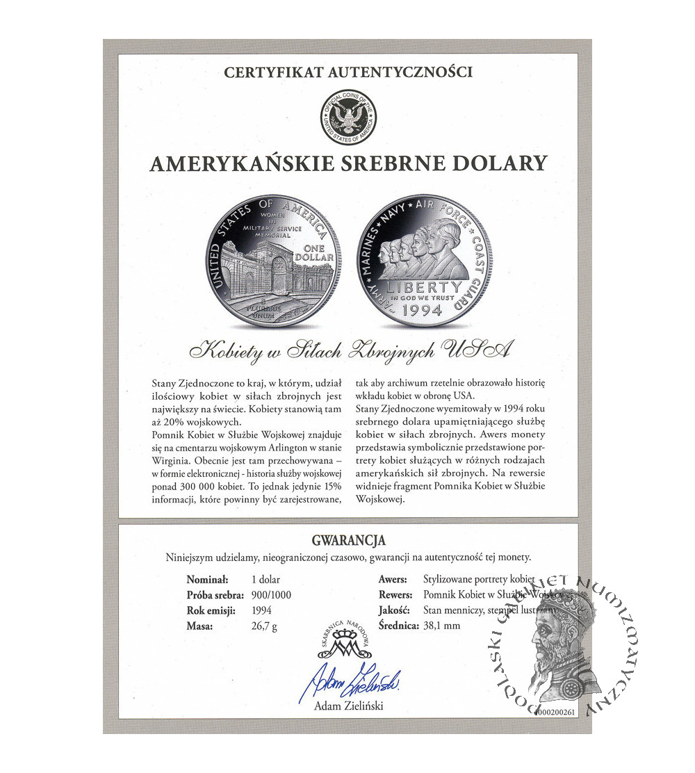 USA. 1 dolar 1994 P, Filadelfia, Kobiety w Służbie Wojskowej - Proof