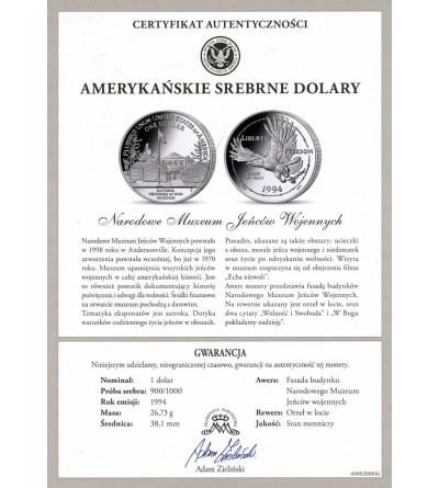 USA. 1 dolar 1994 P, Filadelfia, Narodowe Muzeum Jeńców Wojennych - Proof