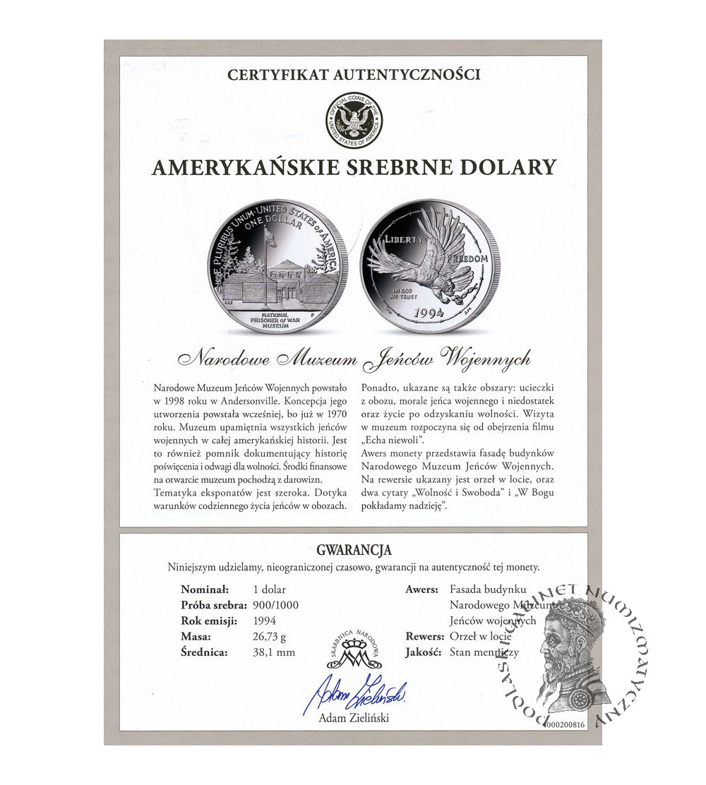 USA. 1 dolar 1994 P, Filadelfia, Narodowe Muzeum Jeńców Wojennych - Proof