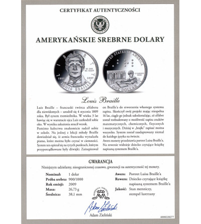 USA. 1 dolar 2009 P, Filadelfia, 200 rocznica urodzin Louisa Braille`a - Proof