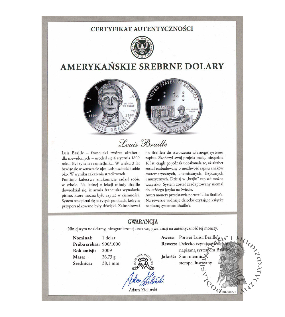 USA. 1 dolar 2009 P, Filadelfia, 200 rocznica urodzin Louisa Braille`a - Proof