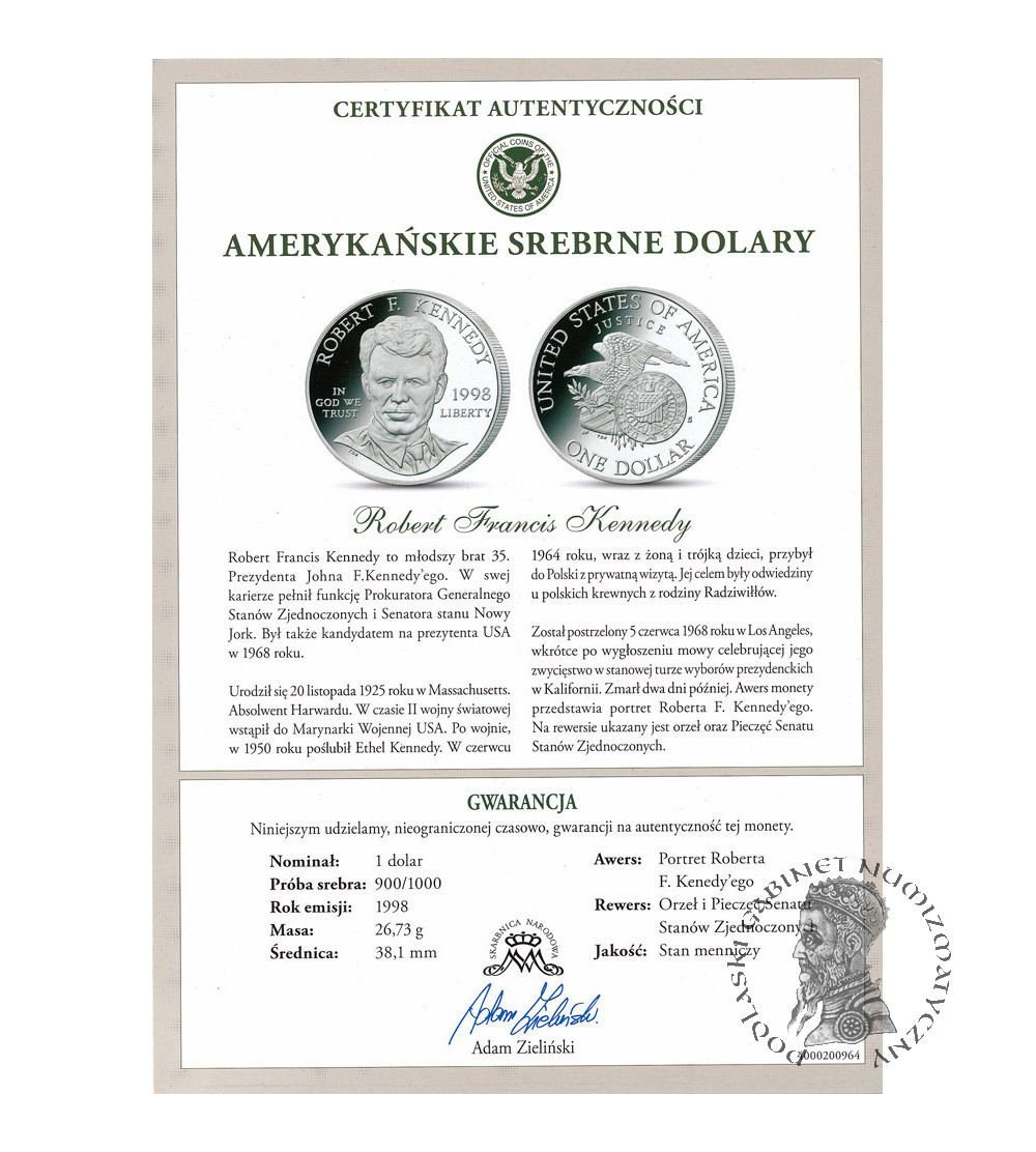 USA. 1 dolar 1998 S, San Francisco, Robert F. Kennedy - Proof