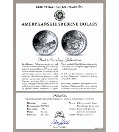 USA. 1 Dollar 1999 P, Philadelphia, 125th Anniversary of Yellowstone - Proof