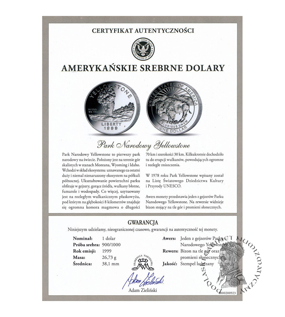 USA. 1 dolar 1999 P, Filadelfia, 125 Rocznica Yellowstone - Proof