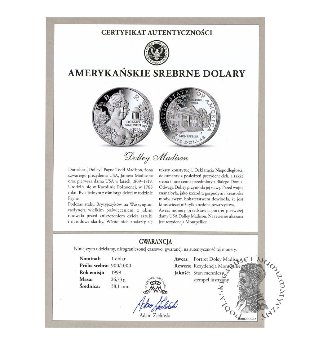 USA. 1 dolar 1999 P, Filadelfia, Dolley Madison, Montpelier - Proof