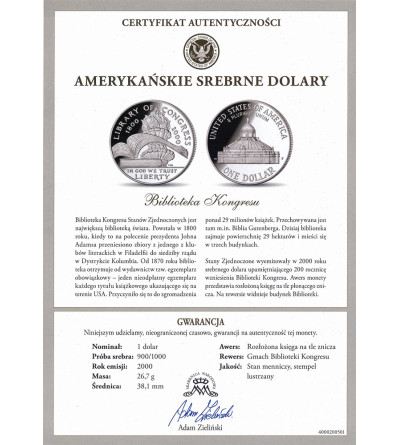 USA. 1 dolar 2000 P, Filadelfia, 200 rocznica powstania Biblioteki Kongresu - Proof
