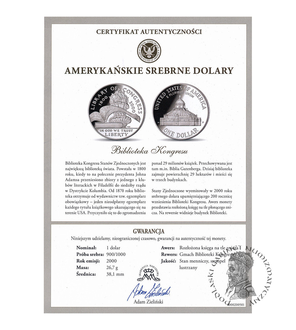 USA. 1 Dollar 2000 P, Philadelphia, 200th anniversary of the Library of Congress - Proof