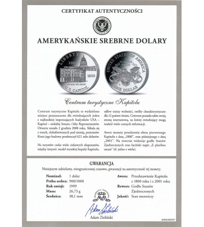 USA. 1 dolar 2001 P, Filadelfia, "U.S. Capitol", Centrum dla Zwiedzających Kapitol - Proof