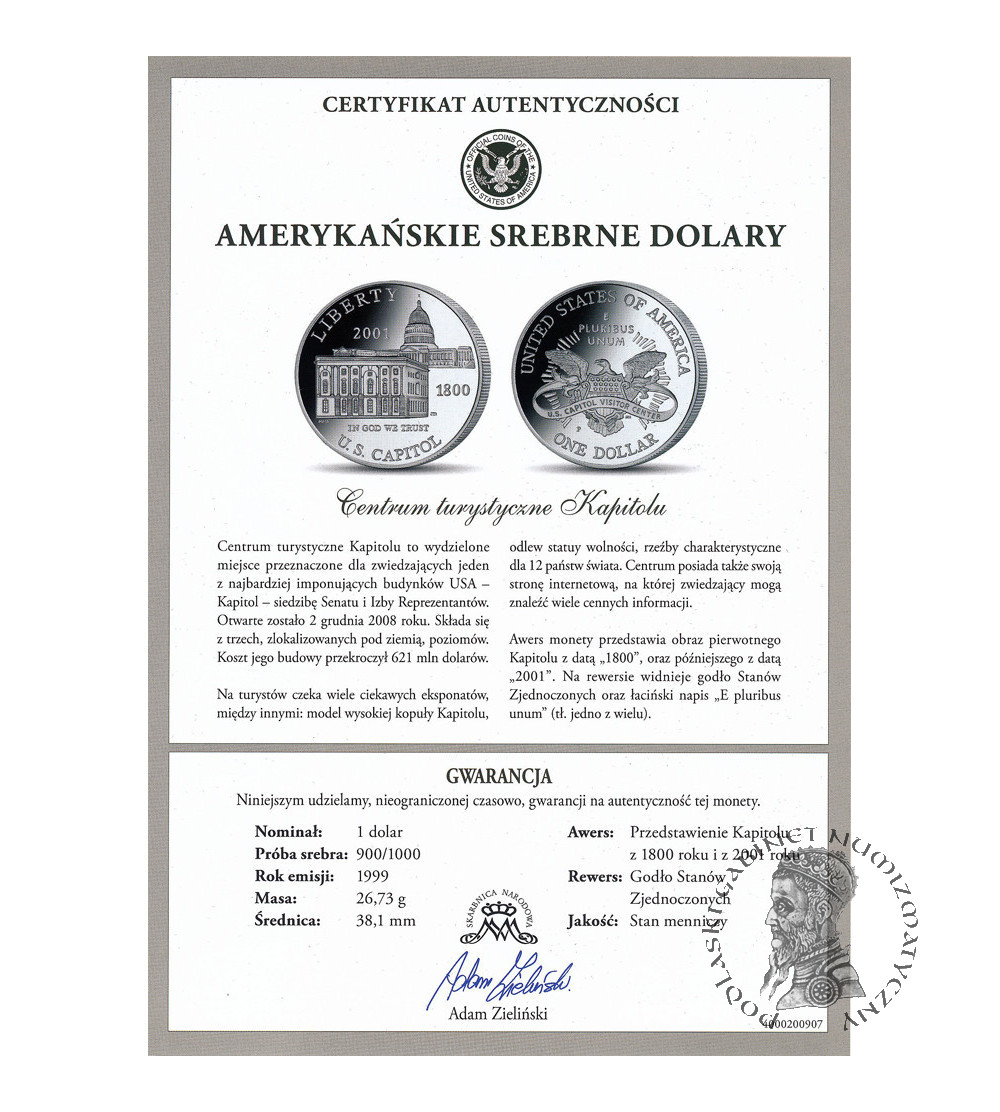 USA. 1 dolar 2001 P, Filadelfia, "U.S. Capitol", Centrum dla Zwiedzających Kapitol - Proof