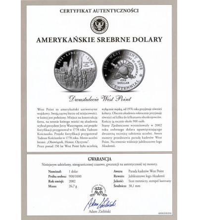 USA. 1 Dollar 2002 W, West Point, 200th anniversary of the United States Military Academy at West Point - Proof