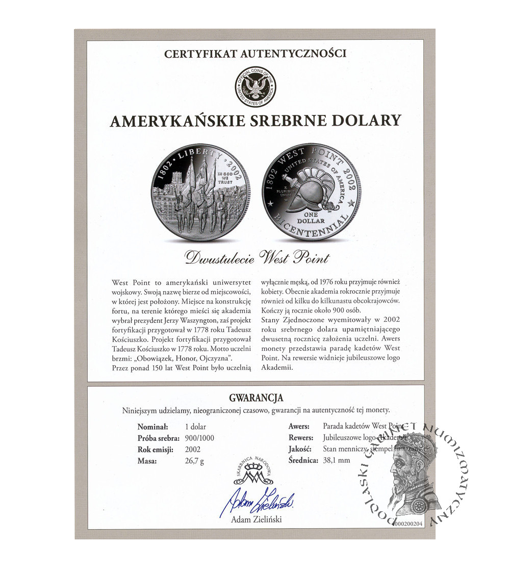 USA. 1 Dollar 2002 W, West Point, 200th anniversary of the United States Military Academy at West Point - Proof