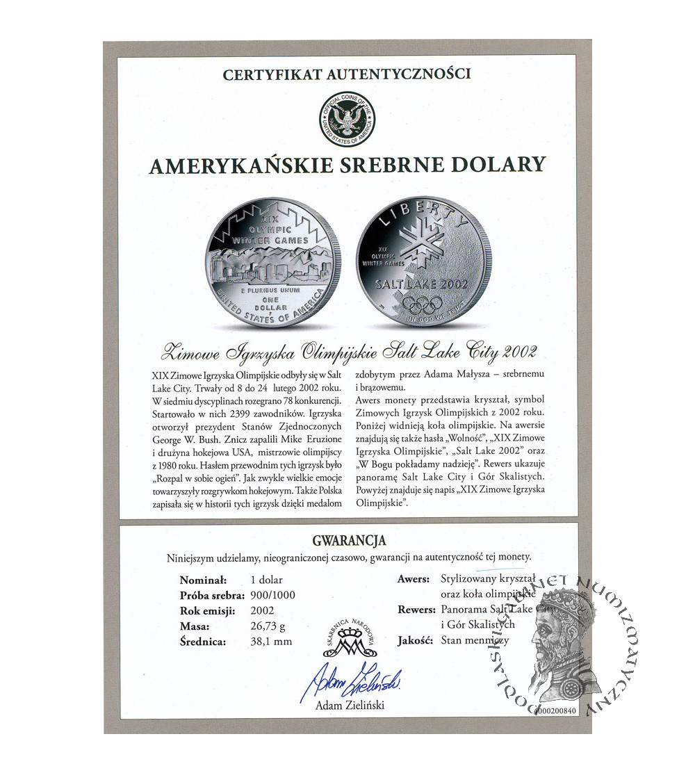 USA. 1 Dollar 2002 P, Philadelphia, XIX Winter Olympic Games in Salt Lake City - Proof