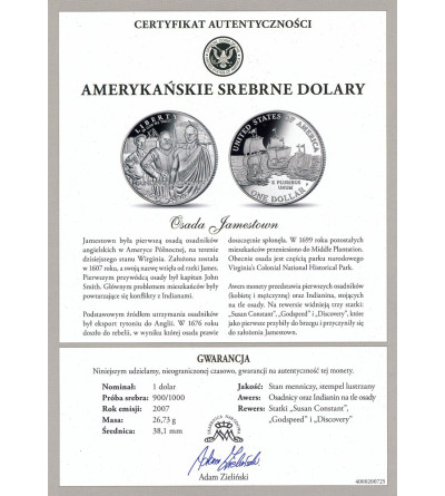 USA. 1 Dollar 2007 P, Philadelphia, 400th anniversary of Jamestown - Proof