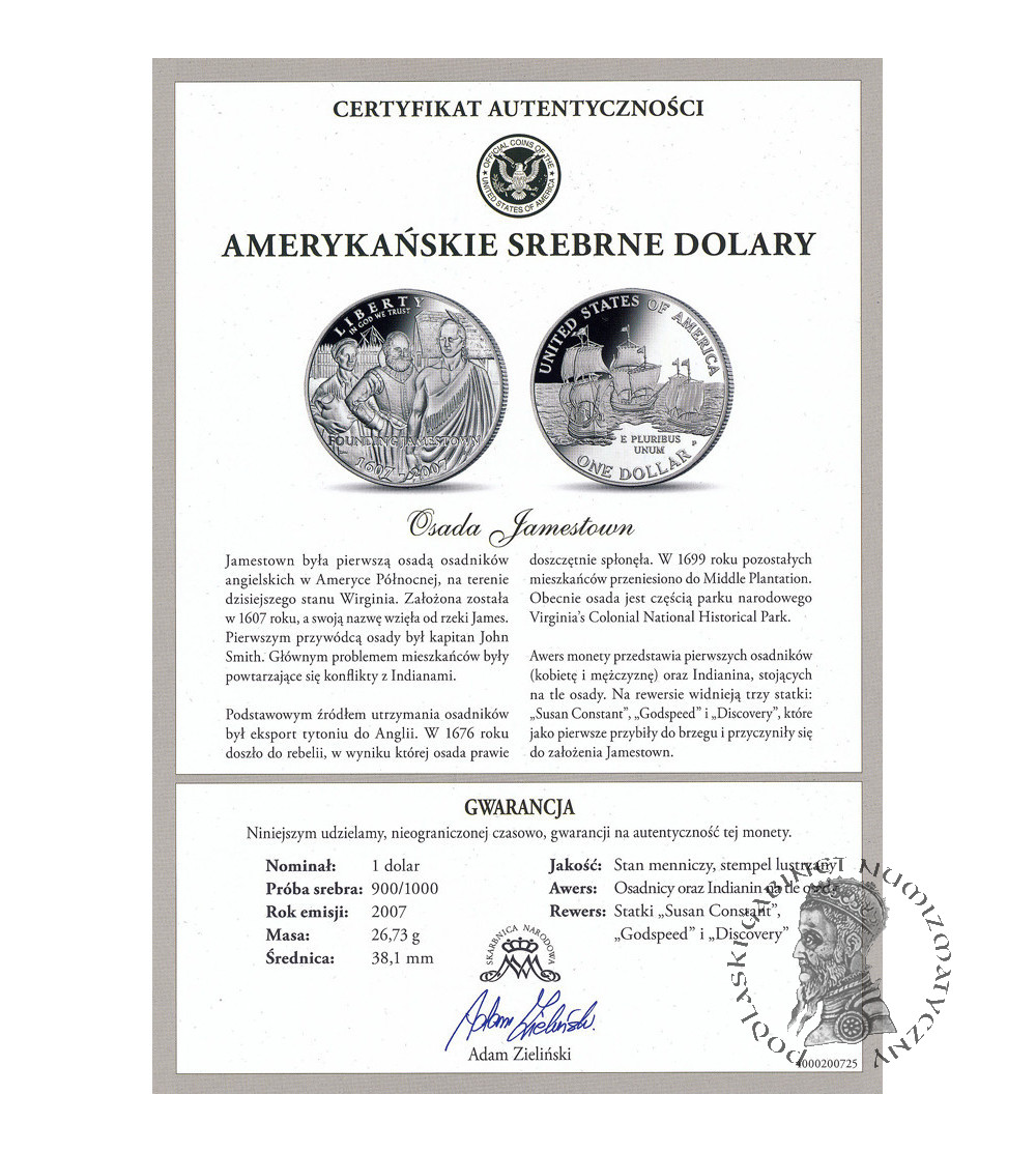 USA. 1 dolar 2007 P, Filadelfia, 400 rocznica założenia Jamestown - Proof