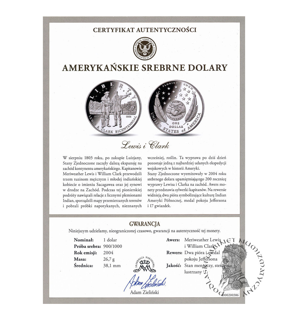 USA. 1 dolar 2004 P, Filadelfia, 200 rocznica wyprawy Lewisa i Clarka - Proof