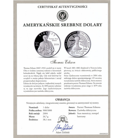 USA. 1 dolar 2004 P, Filadelfia, 125 rocznica wynalezienia żarówki, Thomas Alva Edison - Proof