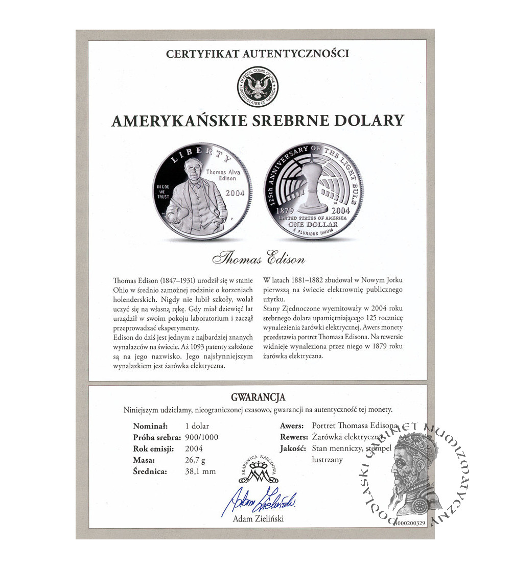 USA. 1 dolar 2004 P, Filadelfia, 125 rocznica wynalezienia żarówki, Thomas Alva Edison - Proof