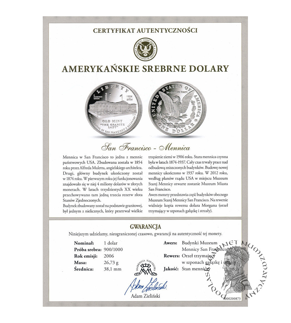 USA. 1 Dollar 2006 S, San Francisco, San Francisco Old Mint Cetennial - Proof