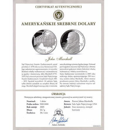 USA. 1 dolar 2005 P, Filadelfia, 250 rocznica urodzin prezesa Sądu Najwyższego Johna Marshalla - Proof