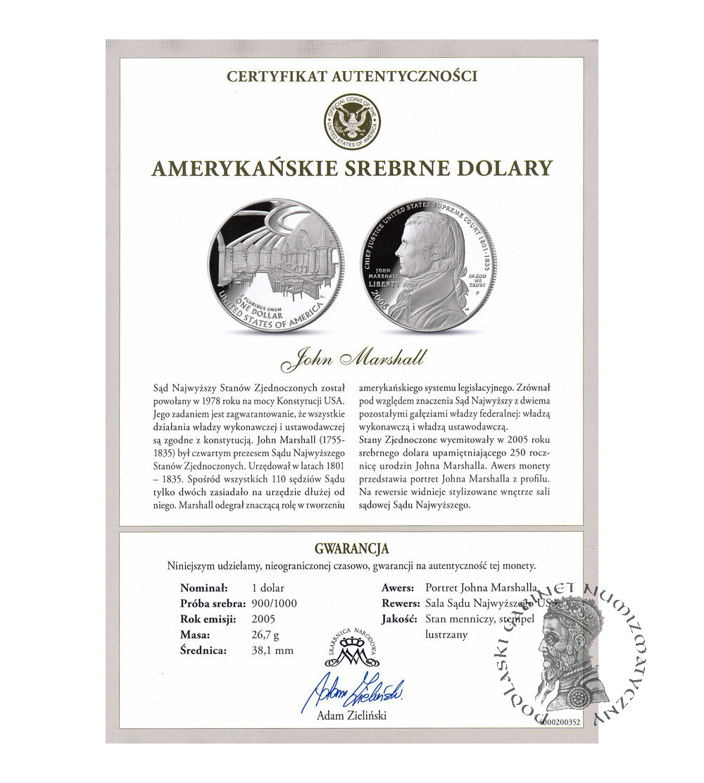 USA. 1 dolar 2005 P, Filadelfia, 250 rocznica urodzin prezesa Sądu Najwyższego Johna Marshalla - Proof
