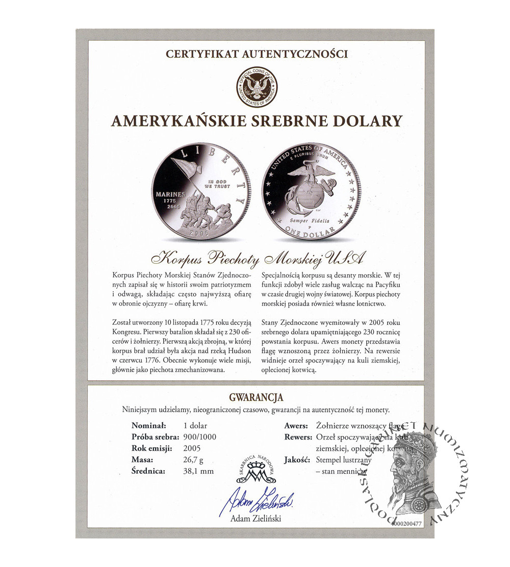USA. 1 dolar 2005 P, Filadelfia, Korpus Piechoty Morskiej Stanów Zjednoczonych, 230 Rocznica - Proof