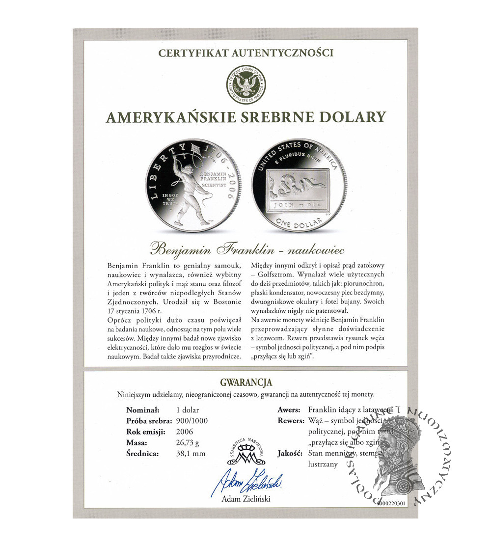 USA. 1 dolar 2006 P, Filadelfia, 300 rocznica urodzin Benjamina Franklina - Proof