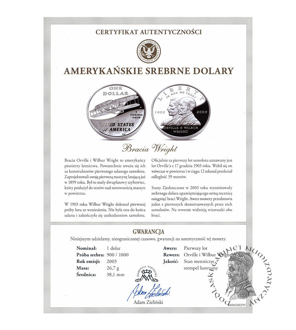 USA. 1 dolar 2003 P, Filadelfia, Stulecie pierwszego lotu Braci Wright - Proof