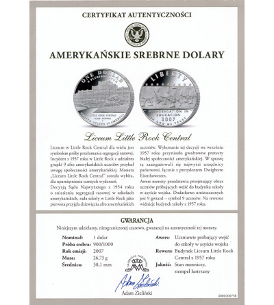 USA. 1 dolar 2007 P, Filadelfia, 50 rocznica zniesienia segregacji rasowej w szkole średniej Little Rock Central High School - Proof