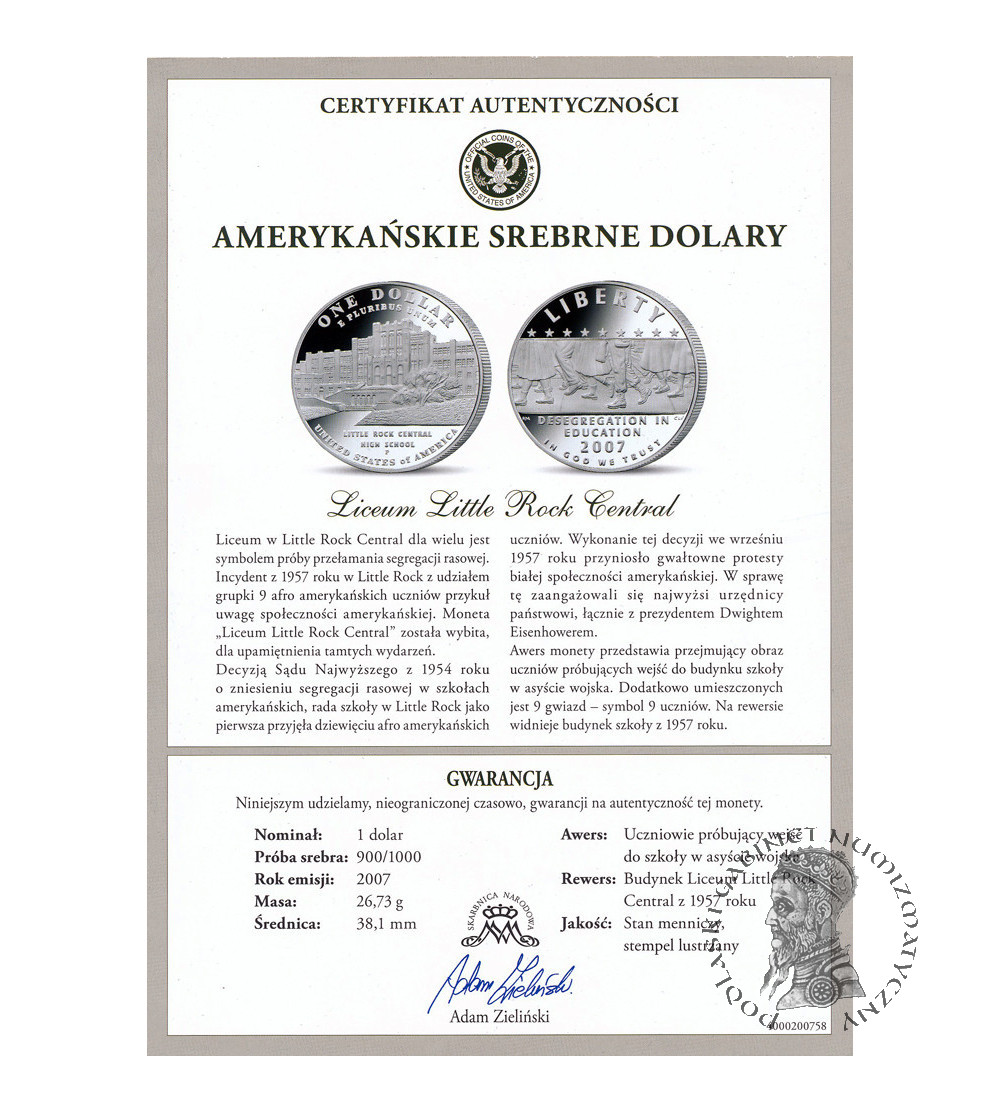 USA. 1 dolar 2007 P, Filadelfia, 50 rocznica zniesienia segregacji rasowej w szkole średniej Little Rock Central High School - Proof