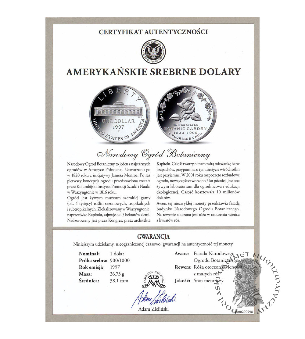 USA. 1 dolar 1997 P, Filadelfia, 175. rocznica powstania Ogrodów Botanicznych - Proof