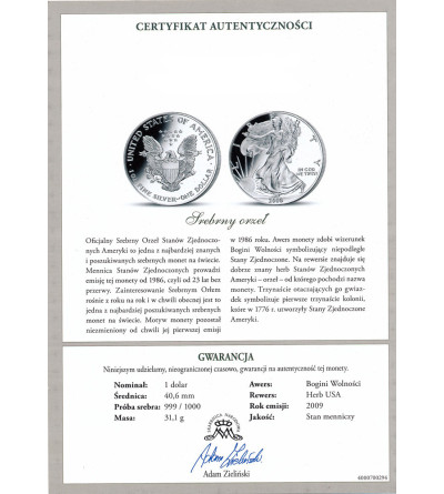 USA. 1 Silver Dollar 2009, American Eagle, Liberty walking - 1 Oz .999