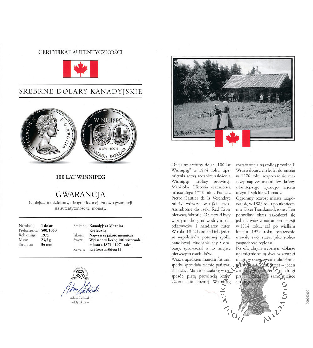 Kanada, Elżbieta II (1952-2022). 1 dolar 1974, 100-lecie miasta Winnipeg, Kolekcja: "Srebrne dolary kanadyjskie"