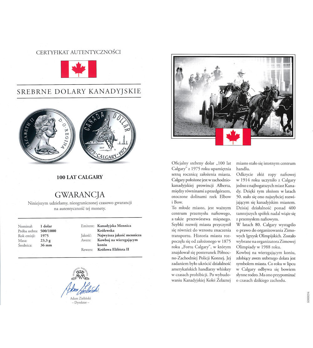 Kanada, Elżbieta II (1952-2022). 1 dolar 1975, 100-lecie miasta Calgary, Kolekcja: "Srebrne dolary kanadyjskie"
